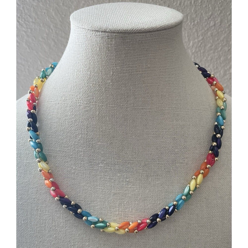 Rainbow Glass Bead Gold Tone Barrel Clasp Vintage Necklace